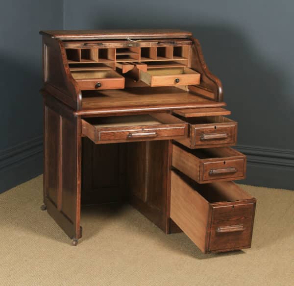 Antique English Edwardian 3ft Oak Angus Roll Top Pedestal Office Desk (Circa 1910) - yolagray.com