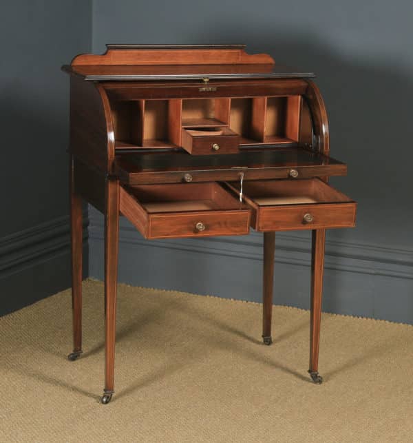 Antique English Edwardian Mahogany & Leather Cylinder Office Roll Top Writing Table / Desk (Circa 1910) - yolagray.com
