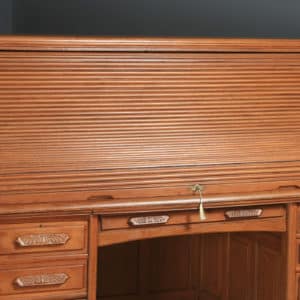 Large Antique English Edwardian 6ft Oak Roll Top Pedestal Office Writing Desk by Angus of London (Circa 1910) - yolagray.com