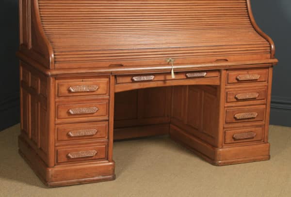 Large Antique English Edwardian 6ft Oak Roll Top Pedestal Office Writing Desk by Angus of London (Circa 1910) - yolagray.com