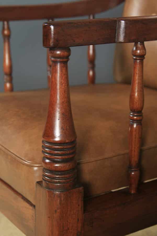 Antique English Georgian Regency Mahogany & Brown Leather Library Drawing Room Office Desk Armchair (Circa 1830) - yolagray.com