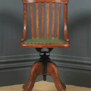 Antique English Edwardian Oak & Green Leather Revolving Office Desk Side Chair (Circa 1910) - yolagray.com