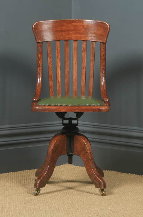 Antique English Edwardian Oak & Green Leather Revolving Office Desk Side Chair (Circa 1910) - yolagray.com