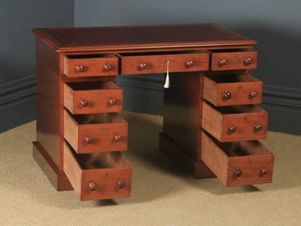 Antique English Victorian 3ft 6” Mahogany & Red Leather Pedestal Office Desk (Circa 1870) - yolagray.com