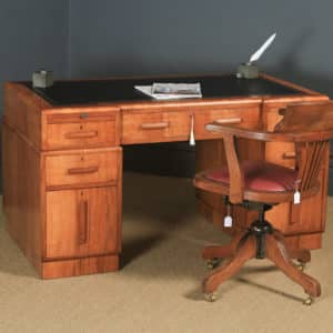 Antique English Art Deco Figured Walnut & Black Leather 4½ft Office Pedestal Desk (Circa 1930) - yolagray.com