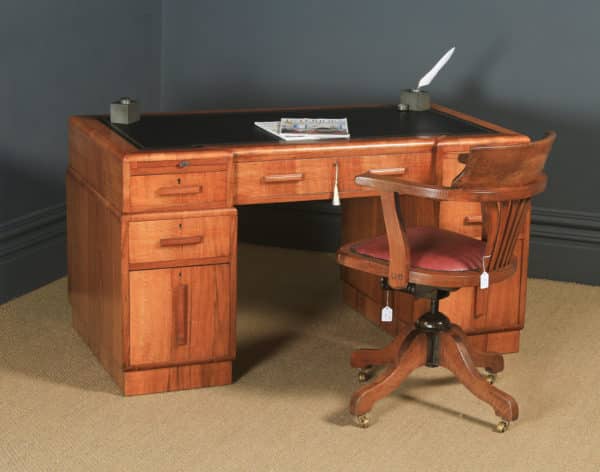 Antique English Art Deco Figured Walnut & Black Leather 4½ft Office Pedestal Desk (Circa 1930) - yolagray.com