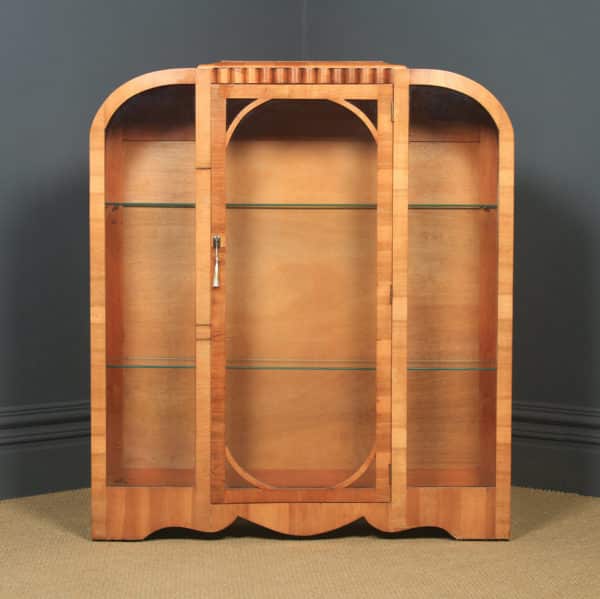 Antique English Art Deco Figured Walnut Shaped Glass China / Book Display Cabinet (Circa 1935) - yolagray.com