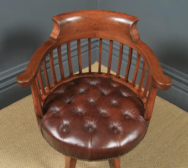 Antique English Victorian Oak & Brown Leather Revolving Office Desk Chair (Circa 1880) - yolagray.com