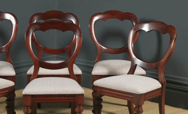 Antique English Victorian Set of 6 Six Mahogany Crown / Balloon Back Dining Chairs (Circa 1860) - yolagray.com