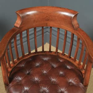 Antique English Victorian Oak & Brown Leather Revolving Office Desk Chair (Circa 1880) - yolagray.com