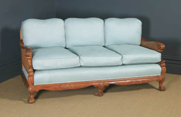 Antique English Edwardian Three Piece Walnut & Cane Aqua Blue Bergere Couch Settee Sofa Lounge Suite (Circa 1910) - yolagray.com