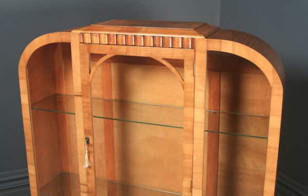 Antique English Art Deco Figured Walnut Shaped Glass China / Book Display Cabinet (Circa 1935) - yolagray.com