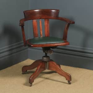 Antique English Edwardian Beech & Leather Revolving Office Desk Arm Chair by A. H. Parker Ltd. (Circa 1910) - yolagray.com