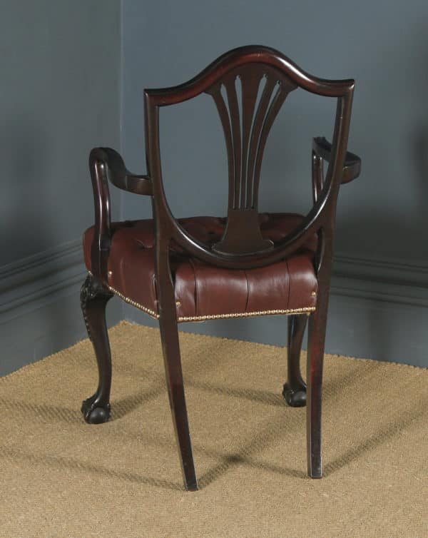 Antique English Georgian Hepplewhite Style Mahogany & Burgundy Red Leather Office Desk Arm Chair (Circa 1880) - yolagray.com