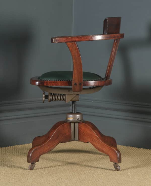 Antique English Edwardian Beech & Leather Revolving Office Desk Arm Chair by A. H. Parker Ltd. (Circa 1910) - yolagray.com
