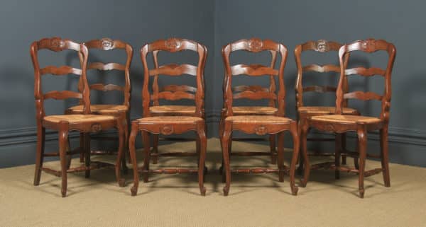 Antique French Set of 8 Eight Louis XV Style Oak Ladder Back Rush Seat Kitchen Dining Chairs (Circa 1920) - yolagray.com