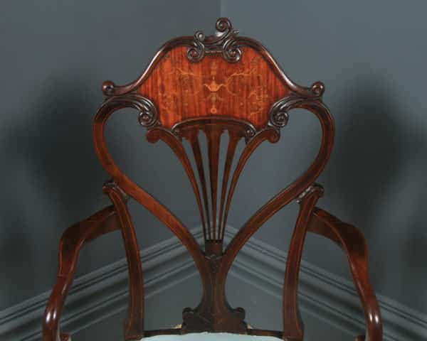 Antique English Victorian Art Nouveau Mahogany Marquetry Occasional Salon Carver Arm Chair (Circa 1900)