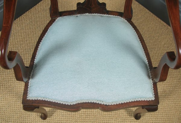 Antique English Victorian Art Nouveau Mahogany Marquetry Occasional Salon Carver Arm Chair (Circa 1900)