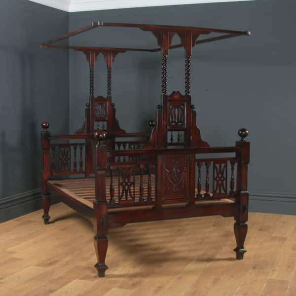 Antique 4ft 6” Victorian Anglo-Indian Colonial Raj Bombay Teak Four Poster Bed (Circa 1880)
