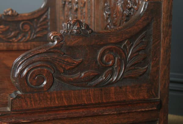 Antique English Victorian Oak Carved Green Man High Back Hall Settle / Monks Bench (Circa 1890) - Photo 13