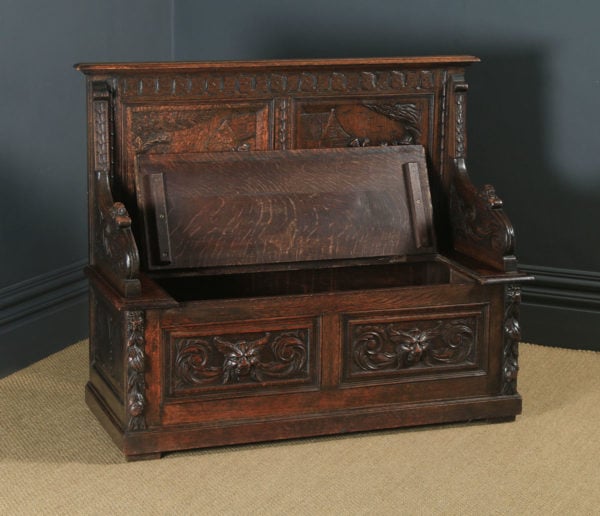Antique English Victorian Oak Carved Green Man High Back Hall Settle / Monks Bench (Circa 1890) - Photo 18