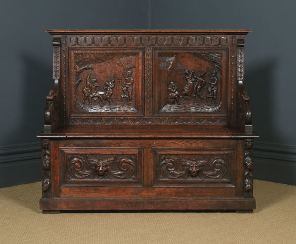 Antique English Victorian Oak Carved Green Man High Back Hall Settle / Monks Bench (Circa 1890) - Photo 2