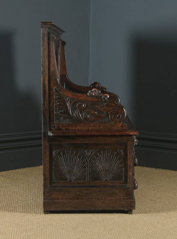 Antique English Victorian Oak Carved Green Man High Back Hall Settle / Monks Bench (Circa 1890) - Photo 21