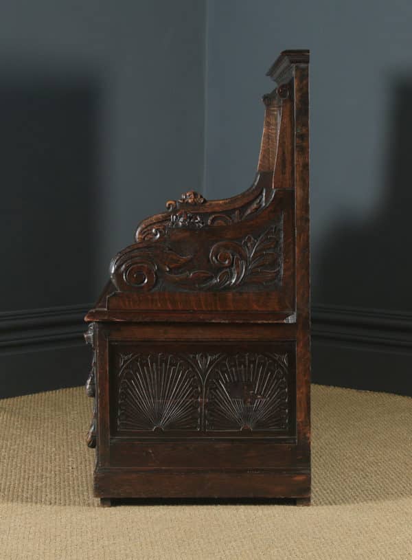 Antique English Victorian Oak Carved Green Man High Back Hall Settle / Monks Bench (Circa 1890) - Photo 23