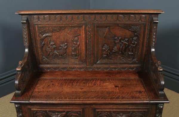 Antique English Victorian Oak Carved Green Man High Back Hall Settle / Monks Bench (Circa 1890) - Photo 4