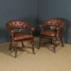 Antique English Pair of Victorian Walnut & Brown Leather Office Desk Library Club Chairs / Armchairs (Circa 1860)