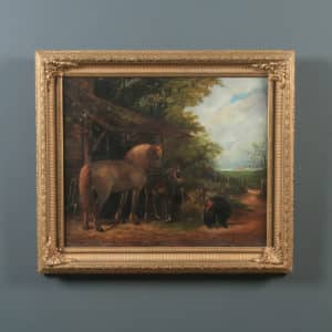 Antique English Victorian Oil Painting of Farmyard Horse Country Scene by Henry Charles Woollett (Circa 1870)