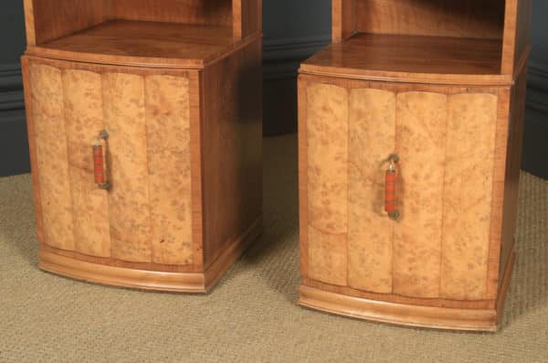 Antique English Pair of Art Deco Birds Eye Maples & Walnut Bedside Cupboards Tables Nightstands (Circa 1930)Antique English Pair of Art Deco Birds Eye Maples & Walnut Bedside Cupboards Tables Nightstands (Circa 1930)