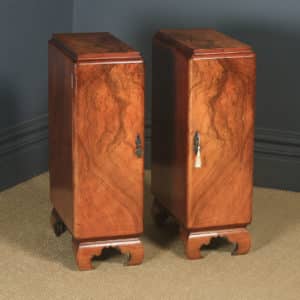 Antique English Pair of Art Deco Figured Walnut Bedside Cupboards Chests Tables Nightstands (Circa 1935)