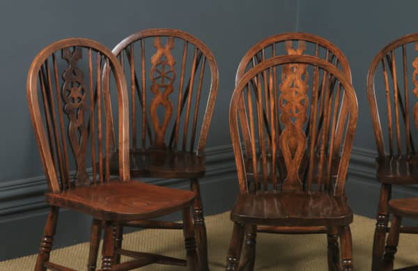 Vintage English Set of Six Ash, Beech & Elm Windsor Wheelback Country Kitchen Dining Chairs (Circa 1940)