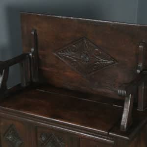 Antique English 17th Century Style Victorian Carved Oak Monks Bench Table (Circa 1880)