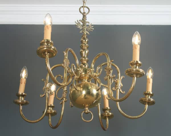 Antique Pair of Flemish 19th Century Electrical Brass Six Light Chandeliers (Circa 1900)