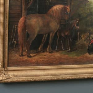Antique English Victorian Oil Painting of Farmyard Horse Country Scene by Henry Charles Woollett (Circa 1870)