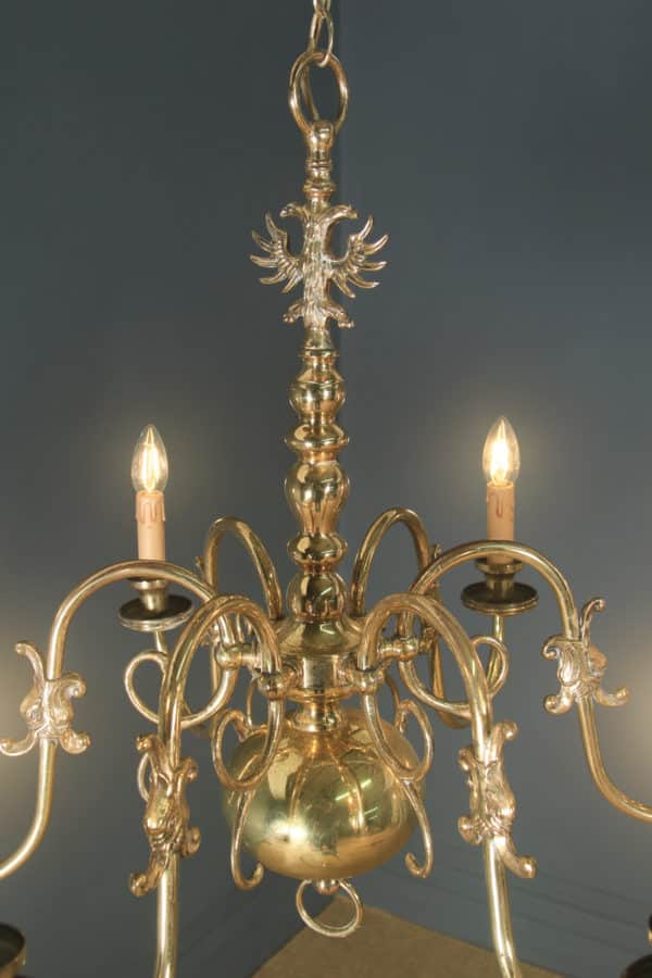 Antique Pair of Flemish 19th Century Electrical Brass Six Light Chandeliers (Circa 1900)