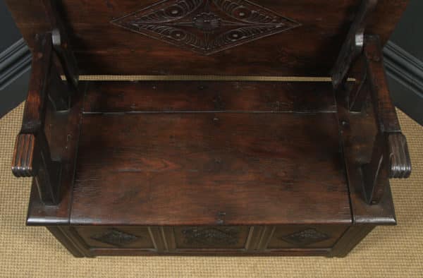 Antique English 17th Century Style Victorian Carved Oak Monks Bench Table (Circa 1880)