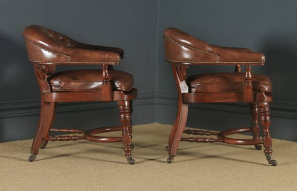 Antique English Pair of Victorian Walnut & Brown Leather Office Desk Library Club Chairs / Armchairs (Circa 1860)