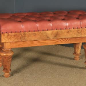 English William IV Style Burr Walnut Oak Leather Adjustable Rise & Fall Duet Piano Stool (Circa 1990)