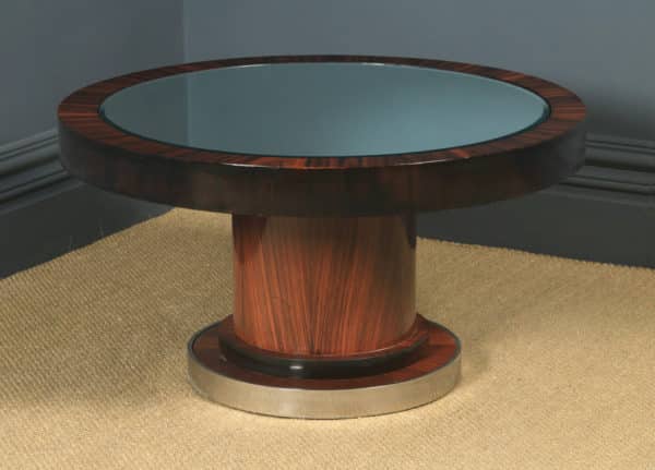 Art Deco English Macassar Ebony & Mirrored Glass Circular Round Occasional / Coffee Table (Circa 1930)