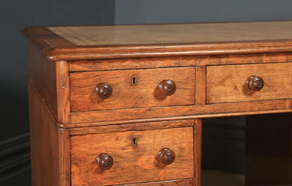 Antique English Victorian 3ft 6” Golden Oak & Leather Pedestal Office Desk (Circa 1880)