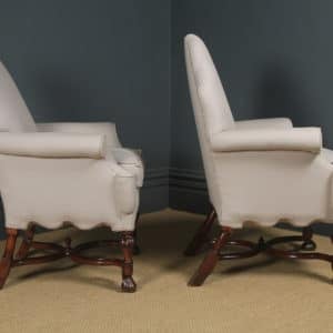 Armchairs, Pair, Upholstered, Queen, Anne, Walnut, Chairs, Victorian, Occasional, Open, Easy, Reading, Wing, Library, Fireside, Living, Room, 19th Century, Antique