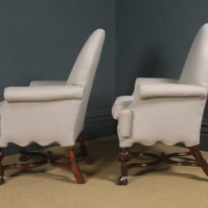 Armchairs, Pair, Upholstered, Queen, Anne, Walnut, Chairs, Victorian, Occasional, Open, Easy, Reading, Wing, Library, Fireside, Living, Room, 19th Century, Antique