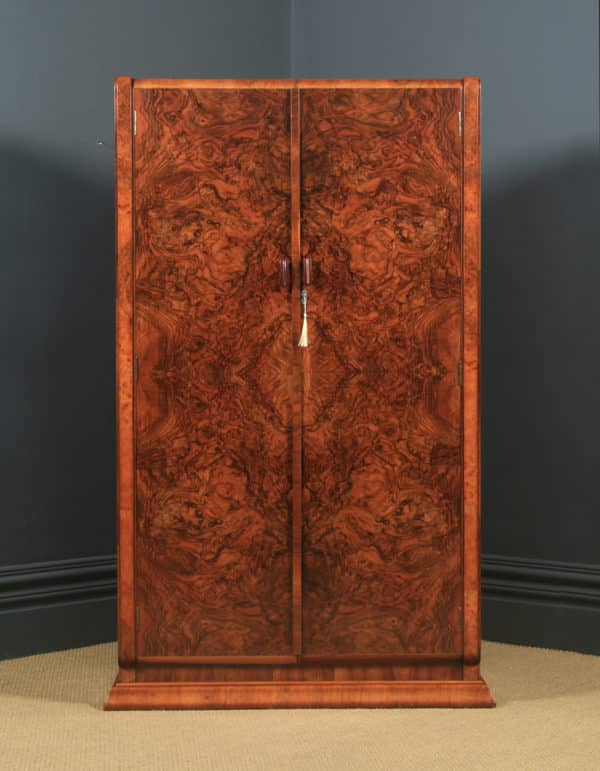 Antique English Art Deco Burr Walnut Two Door Wardrobe Armoire (Circa 1930)