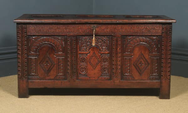 Antique English Late 17th Century Oak Carved Triple Panel Coffer Chest Blanket Box (Circa 1680)