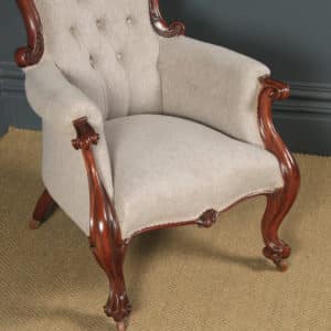 Antique English Victorian Mahogany Upholstered Spoon Back Armchair (Circa 1860)