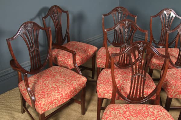 Antique Set of Ten 10 English Georgian Hepplewhite Style Shield Back Mahogany Dining Chairs (Circa 1880)