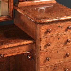 Antique English Victorian Burr Walnut Pedestal Dressing / Vanity Table & Mirror (Circa 1860)